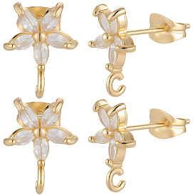 5 Pairs Brass Micro Pave Cubic Zirconia Studs Earring Findings, Long-Lasting Plated, Lead Free & Cadmium Free, Flower