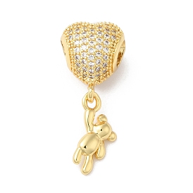 Rack Plating Brass Micro Pave Cubic Zirconia European Dangle Charms, Large Hole Pendants, Long-Lasting Plated, Cadmium Free & Lead Free, Heart & Bear