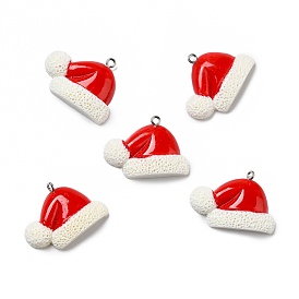 Opaque Resin Pendants, with Platinum Tone Iron Loops, Christmas Hat