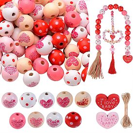 DIY Jewelry Making Kits, Including Heart & Round Printed Natural Wood Beads and Jute Cord