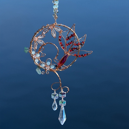 Wire Wrapped Glass Beads & Metal Carp Hanging Ornaments, Teardrop & Cone Tassel Suncatchers for Car or Garden Outdoor Decoration