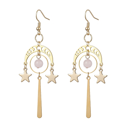 304 и 201 серьги с подвесками из нержавеющей стали, с натуральными розовыми кварцевыми шариками и латунными крючками для серьги, Луна и звезды