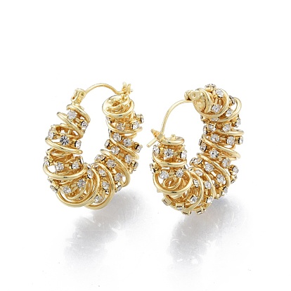 Clear Cubic Zirconia Croissant Hoop Earrings, Brass Wire Wrap Jewelry for Women