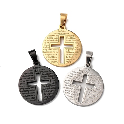 304 подвески из нержавеющей стали, плоский круглый с крестом и библейским амулетом, вакуумные покрытия