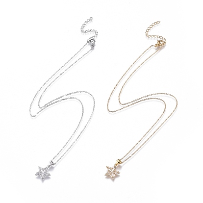 Brass Micro Pave Clear Cubic Zirconia Pendant Necklaces, with 304 Stainless Steel Cable Chains, Star