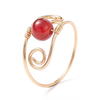 Round Natural Gemstone Braided Finger Ring, Golden Copper Wire Wrap Jewelry for Women