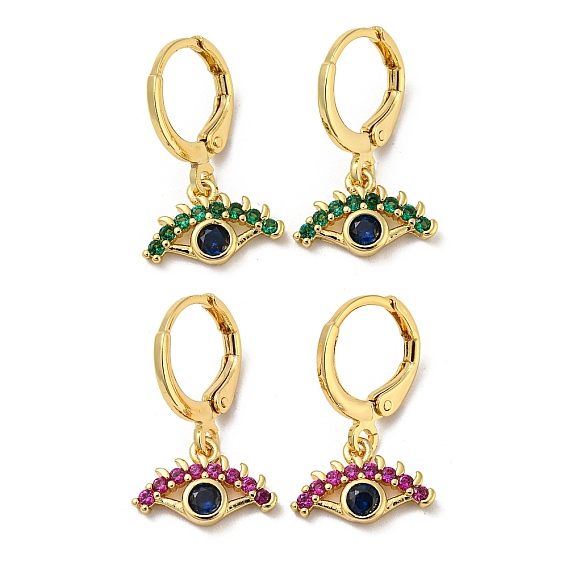 Golden Brass Dangle Leverback Earrings, with Glass, Evil Eye