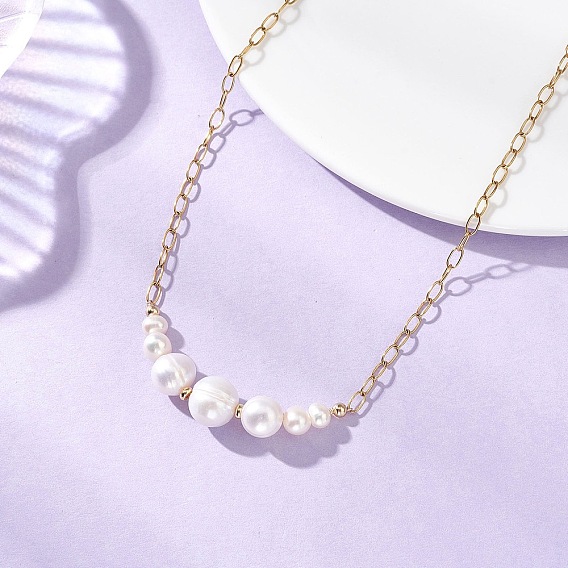 Ожерелья из натурального жемчуга в форме картофеля, градуированные по размеру., с 304 цепями со скрепками из нержавеющей стали, цветочный белый