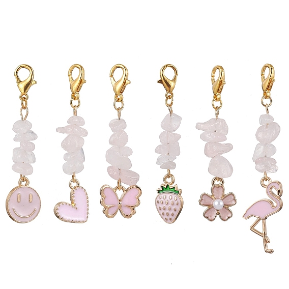 6Pcs 6 Styles Alloy Enamel Pendant Decoraiton, Natural Rose Quartz Chip Beads and Alloy Lobster Claw Clasps Charm, Mixed Shapes