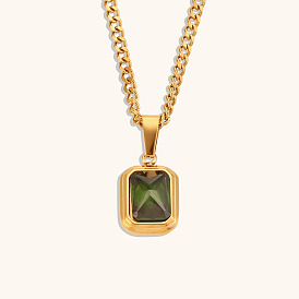 Green Zircon Necklace with Stainless Steel Gold-Plated Square Pendant for Women