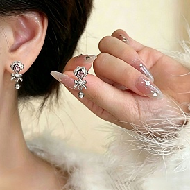 Brass Micro Pave Cubic Zirconia Stud Dangle Earrings for Women, Print Paw & Bell & Bowknot