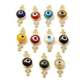 Brass Micro Pave Clear Cubic Zirconia Connector Charms, with Lampwork, Evil Eye with Star, Real 18K Gold Plated