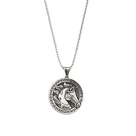 201 Stainless Steel Pendant Necklaces, Flat Round with Horse