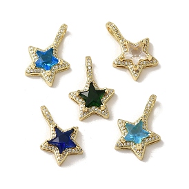 Brass Micro Pave Cubic Zirconia Pendants, with Glass, Real 18K Gold Plated, Star