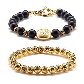 Natural Lava Rock & Synthetic Black Stone Round Beads Energy Stretch Bracelets Set, Lotus Flat Round Alloy Beads Bracelets, Heart Clasps Bracelets, Antique Golden