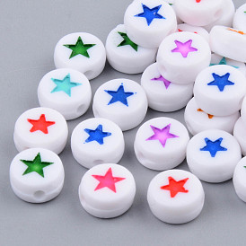 Opaque Acrylic Enamel Beads, Flat Round with Star