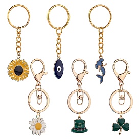 6Pcs Alloy Enamel Pendants Keychain, with Iron & Alloy Findings, Clover & Flower & Mermaid & Evil Eye