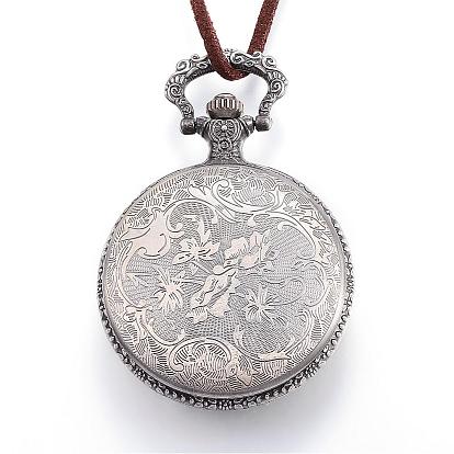 Carved Alloy Flat Round Pendant Necklace Quartz Pocket Watches, with Faux Suede