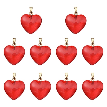 Transparent Spray Painted Glass Pendants, with Golden Plated Iron Findings, Heart Charms