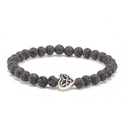 Natural Lava Rock Stretch Bracelet with Alloy Heart Beaded, Essential Oil Gemstone Jewelry for Women