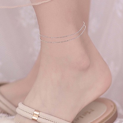 925 Sterling Silver Multi-strand Ball Chain Anklet with Tiny Oval Charm, Women's Jewelry for Summer Beach