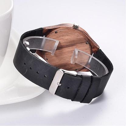 Leather Wristwatches, with Wooden Watch Head and Alloy Findings, 255x28x2mm, Watch Head: 52x48x11mm, Watch Face: 37mm