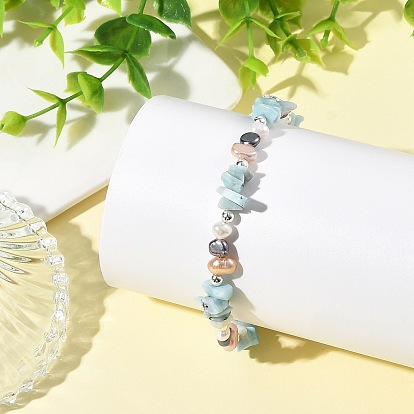 Natural Larimar Chip Beads & Cultured Freshwater Pearl Beaded Bracelets for Women