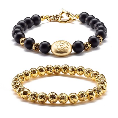 Natural Lava Rock & Synthetic Black Stone Round Beads Energy Stretch Bracelets Set, Lotus Flat Round Alloy Beads Bracelets, Heart Clasps Bracelets, Antique Golden