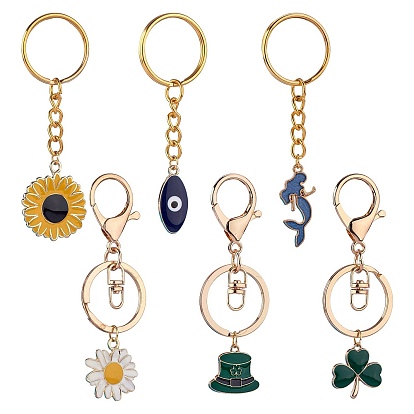 6Pcs Alloy Enamel Pendants Keychain, with Iron & Alloy Findings, Clover & Flower & Mermaid & Evil Eye