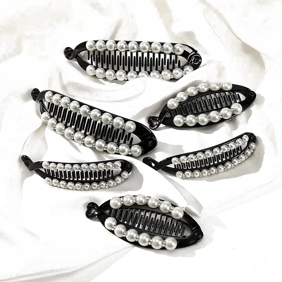 Пластиковые заколки для волос бананы с имитацией жемчуга, аксессуары для волос для женщин и девочек, со стразами