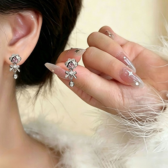Brass Micro Pave Cubic Zirconia Stud Dangle Earrings for Women, Print Paw & Bell & Bowknot
