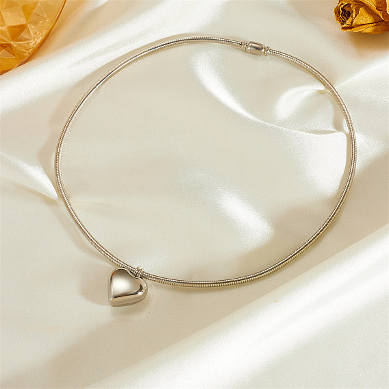304 Stainless Steel Heart Pendant Round Snake Chain Necklaces for Women