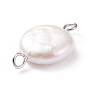 Natural Baroque Pearl Keshi Pearl Connector Charms, Cultured Freshwater Pearl, with 304 Stainless Steel Double Loops, Flat Round, Floral White
