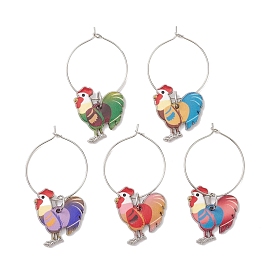 Alloy Enamel Wine Glass Charms Sets, with 304 Stainless Steel Hoop Earrings Findings, Rooster