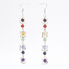 Pierre naturelle Boucle d'oreille, avec cadres de perles de style tibétain et crochets d'oreille en laiton couleur platine