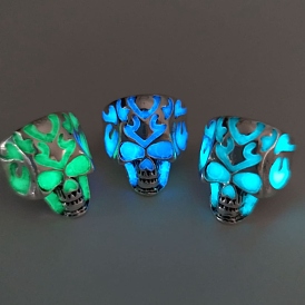 Glow in the Dark Luminous Alloy Skull Adjustable Ring, Gothic Wide Ring for Women