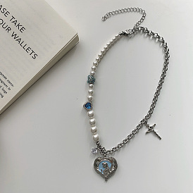 Collier pendentif coeur et croix en alliage, collier de chaînes en acier de titane perlé de coeur et de perle en plastique pour les femmes