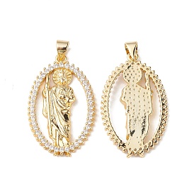 Rack Plating Brass Micro Pave Cubic Zirconia Pendants, Lead Free & Cadmium Free, Long-Lasting Plated, Oval with Saint Jude Charm