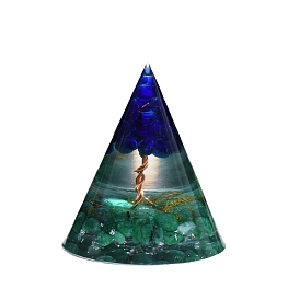 Orgonite Cone Epoxy Resin Display Decorations, with Natural Quarz Chips, Copper Wires & Lampwork Tree of Life Inside, for Home Office Desk Decoration