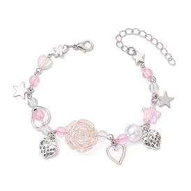 Star & Strawberry Alloy Charm Bracelets, Flower Acrylic Bead Bracelets for Women