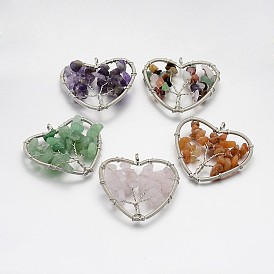 Brass Gemstone Pendants, Heart with Tree of Life, Platinum