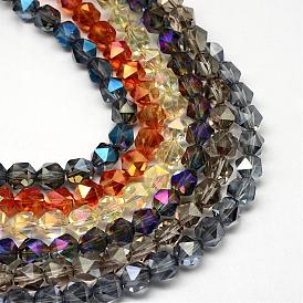 Electroplate Glass Beads Strands, Rainbow Plated, Faceted Polygon, 9.5~10x9.5x9.5mm, Hole: 1.5mm, about 60pcs/strand, 23.6 inch
