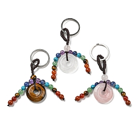 7 Chakra Natural Gemstone Tassel Keychain, Donut Reiki Healing Keychain, with Platinum Tone Iron Ring