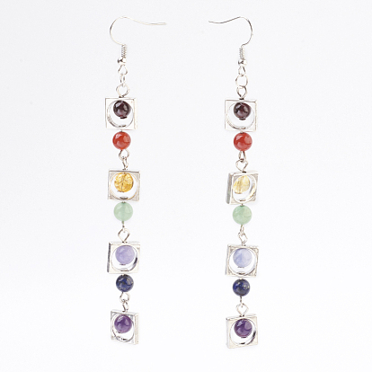 Pierre naturelle Boucle d'oreille, avec cadres de perles de style tibétain et crochets d'oreille en laiton couleur platine