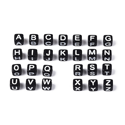 Cuentas de agujero horizontal de acrílico iniciales, cubo con la letra