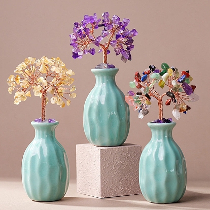 Natural Gemstone Chips Tree Decorations, Vase Base Copper Wire Feng Shui Energy Stone Gift for Home Desktop Decoration