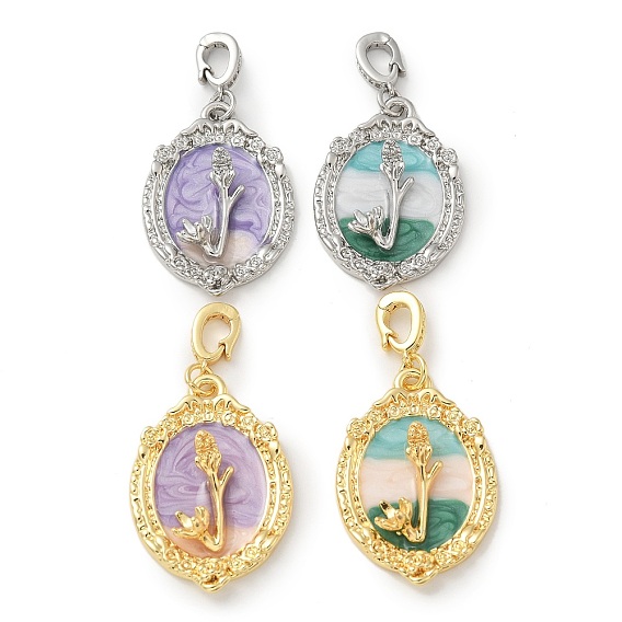 Латунные подвески, с эмалью, овал с цветочной подвеской