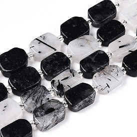 Natural Black Rutilated Quartz Beads Strands, with Seed Beads, Rectangle