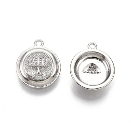 Flat Round with Mushroom Pattern Brass Micro Pave Clear Cubic Zirconia Pendants, Nickel Free