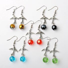 Glass Earrings, with Tibetan Style Links and Brass Earring Hooks, Bird, 50mm